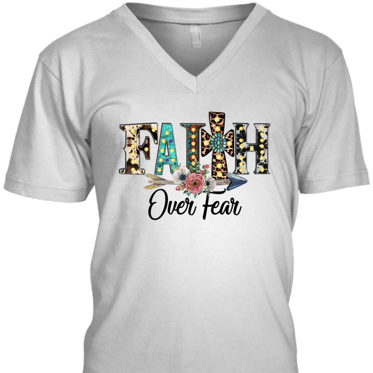 Leopard Faith Over Fear Cross Flowers Western Christian T-Shirt Leopard Faith Over Fear Cross Flowers Western Christian T-Shirt