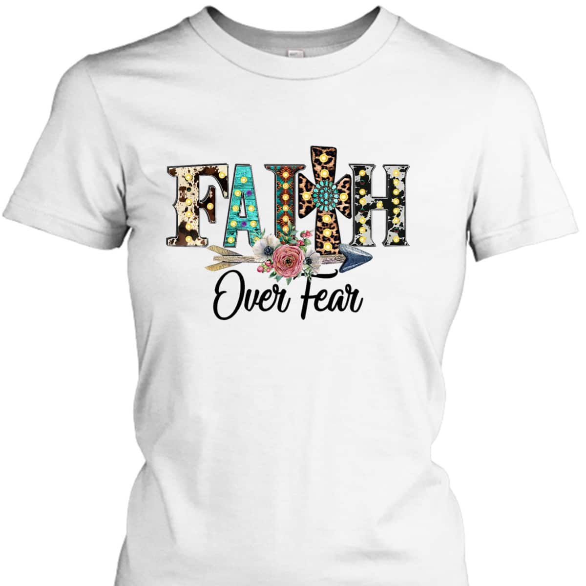 Leopard Faith Over Fear Cross Flowers Western Christian T-Shirt Leopard Faith Over Fear Cross Flowers Western Christian T-Shirt