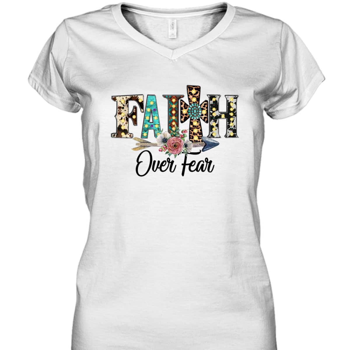 Leopard Faith Over Fear Cross Flowers Western Christian T-Shirt Leopard Faith Over Fear Cross Flowers Western Christian T-Shirt