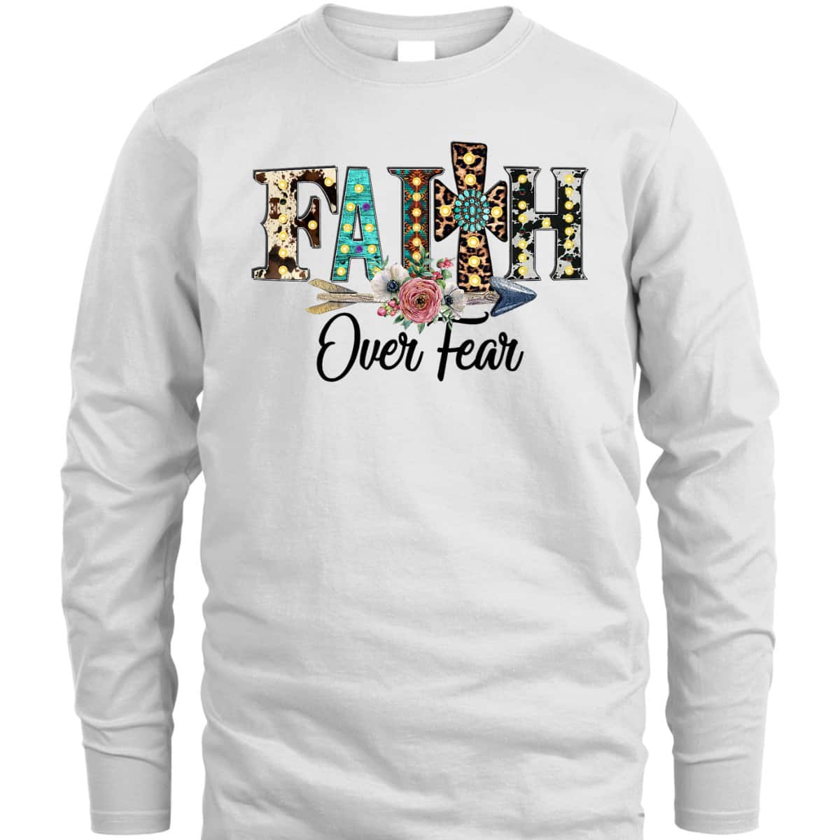 Leopard Faith Over Fear Cross Flowers Western Christian T-Shirt Leopard Faith Over Fear Cross Flowers Western Christian T-Shirt