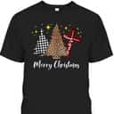 Merry Christmas Xmas Tree Cross Red Plaid Christian Leopard T-Shirt