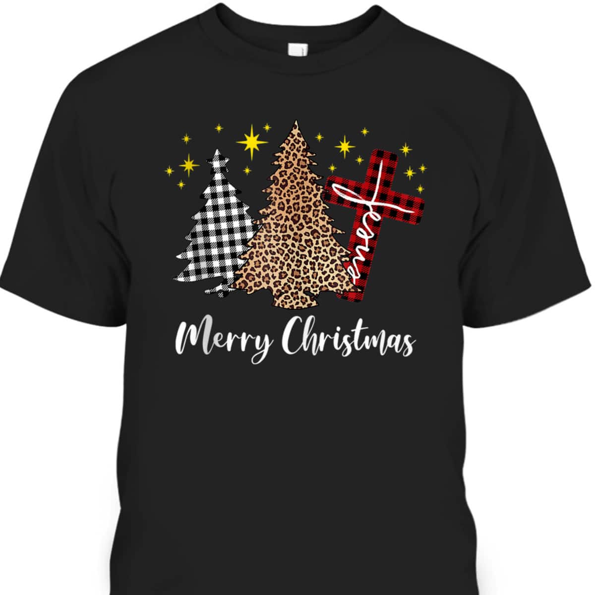 Merry Christmas Xmas Tree Cross Red Plaid Christian Leopard T-Shirt