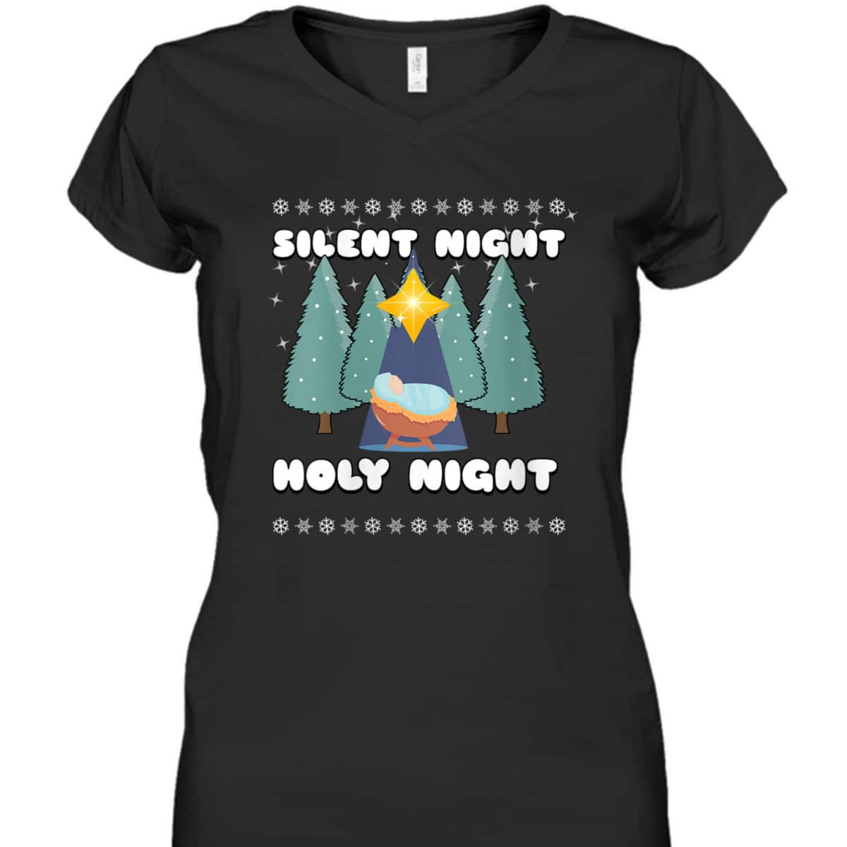 Silent Night Holy Night Trees Jesus Christmas Star Christian T-Shirt Silent Night Holy Night Trees Jesus Christmas Star Christian T-Shirt