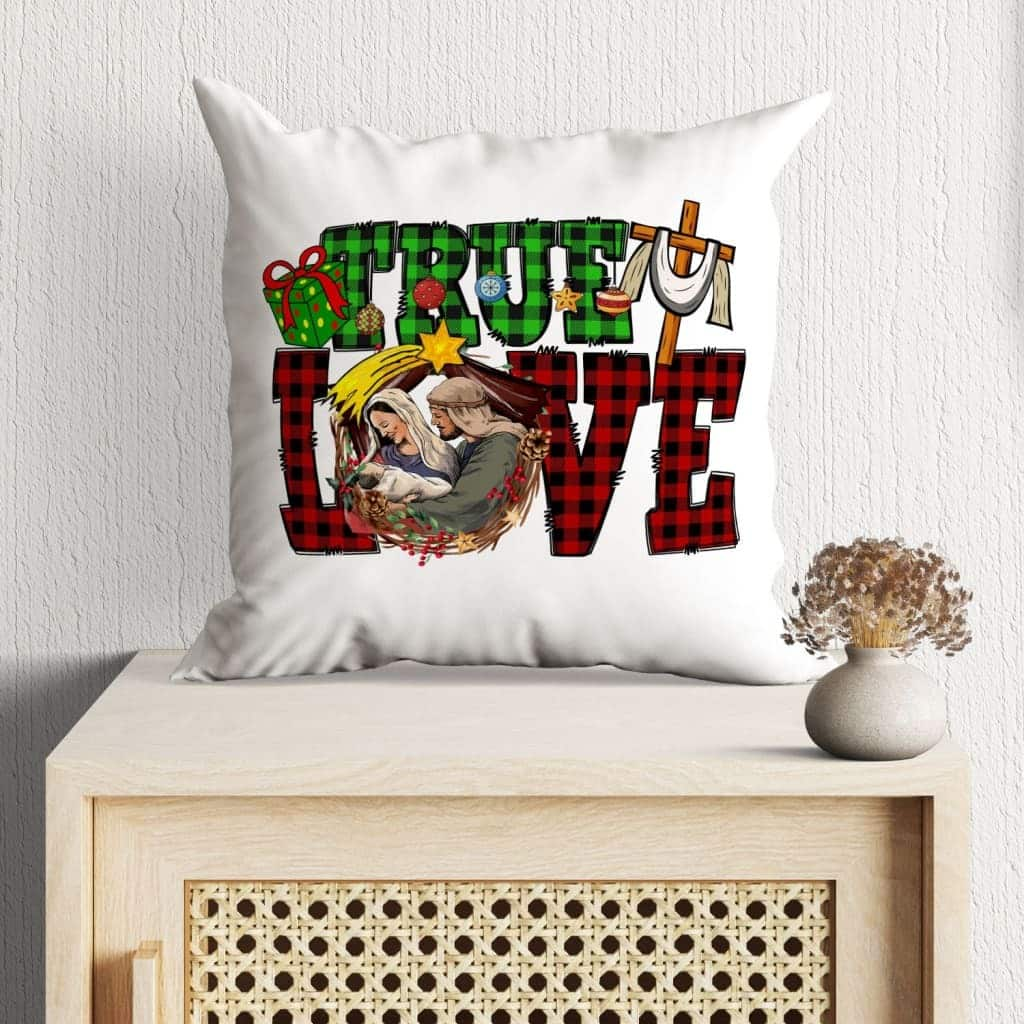 True Love Buffalo Plaid Christmas Cross Faith Pillow