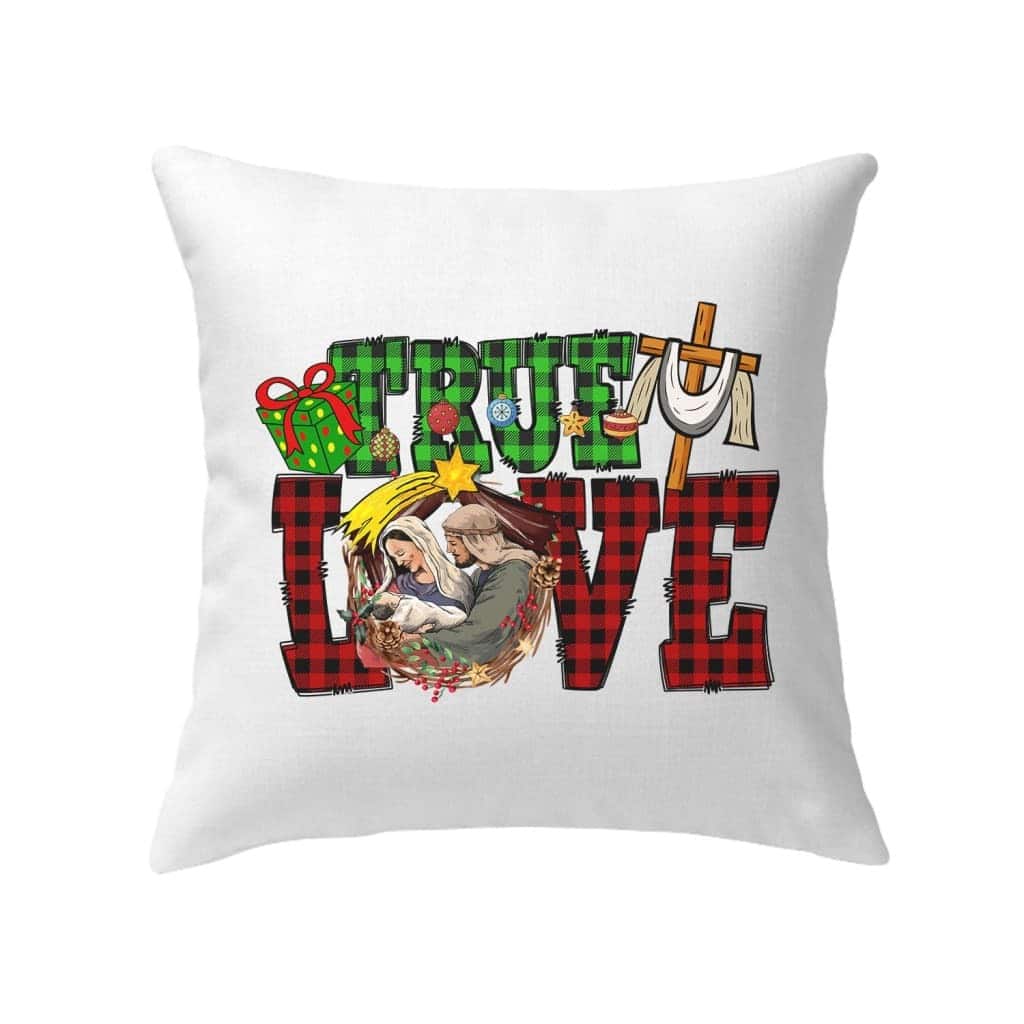 True Love Buffalo Plaid Christmas Cross Faith Pillow