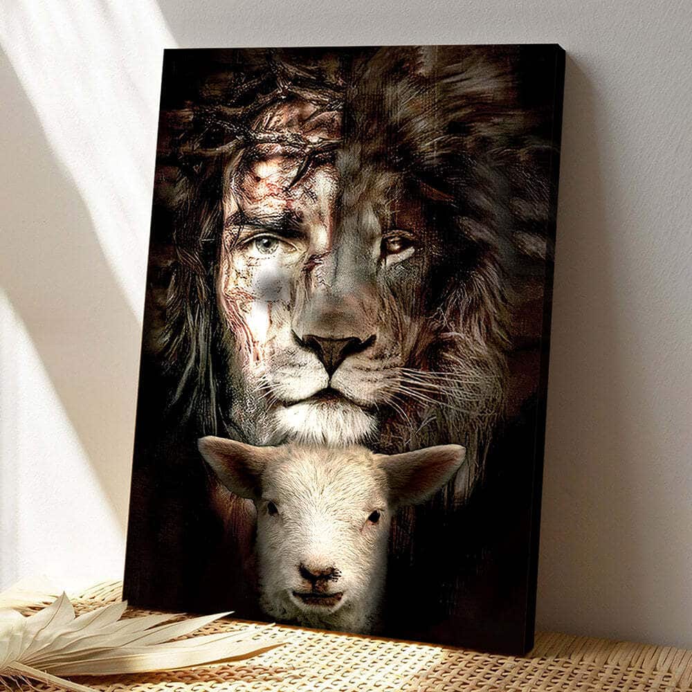 Christian Art Jesus Goat Baby And Lion Canvas Print