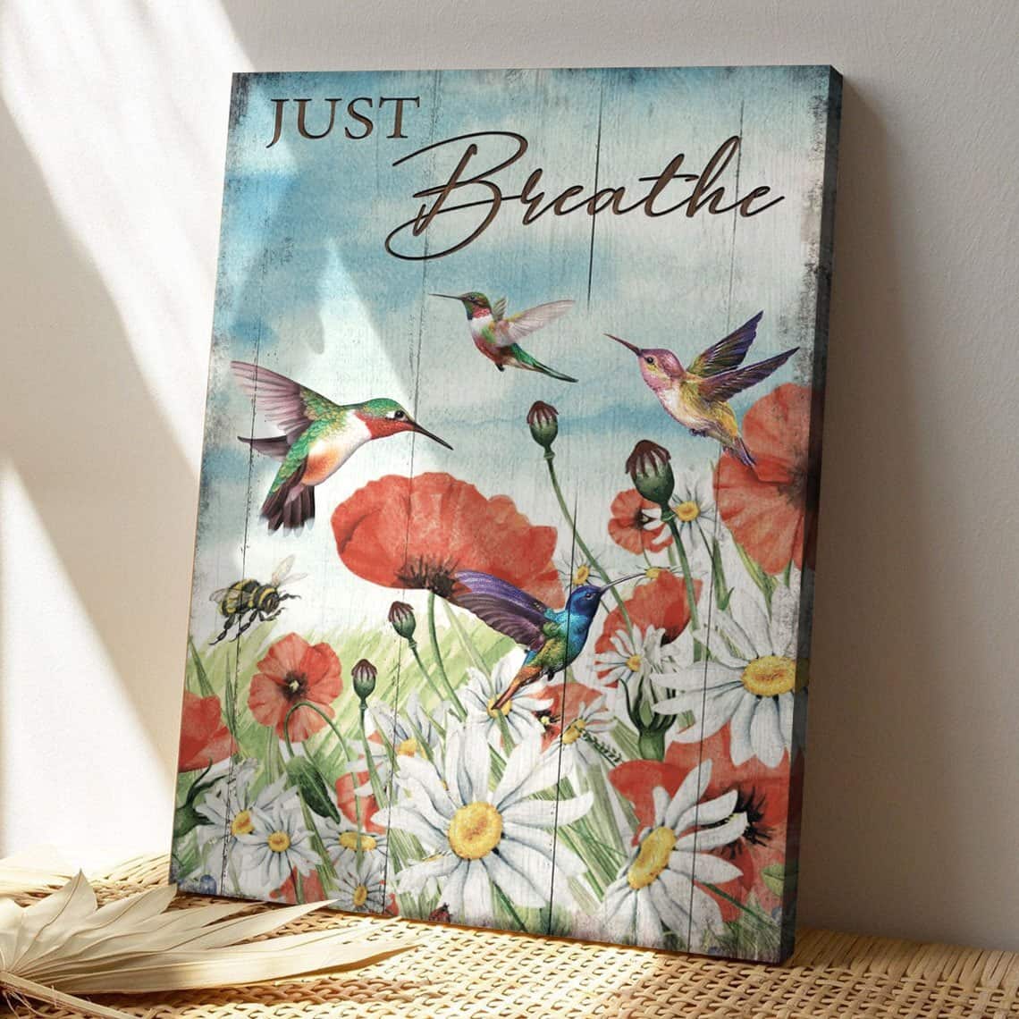 Christian Hummingbird And Flower Field Just Breathe Bible Verse Canvas Print Christian Hummingbird And Flower Field Just Breathe Bible Verse Canvas Print