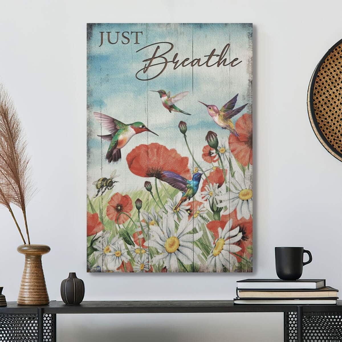 Christian Hummingbird And Flower Field Just Breathe Bible Verse Canvas Print Christian Hummingbird And Flower Field Just Breathe Bible Verse Canvas Print