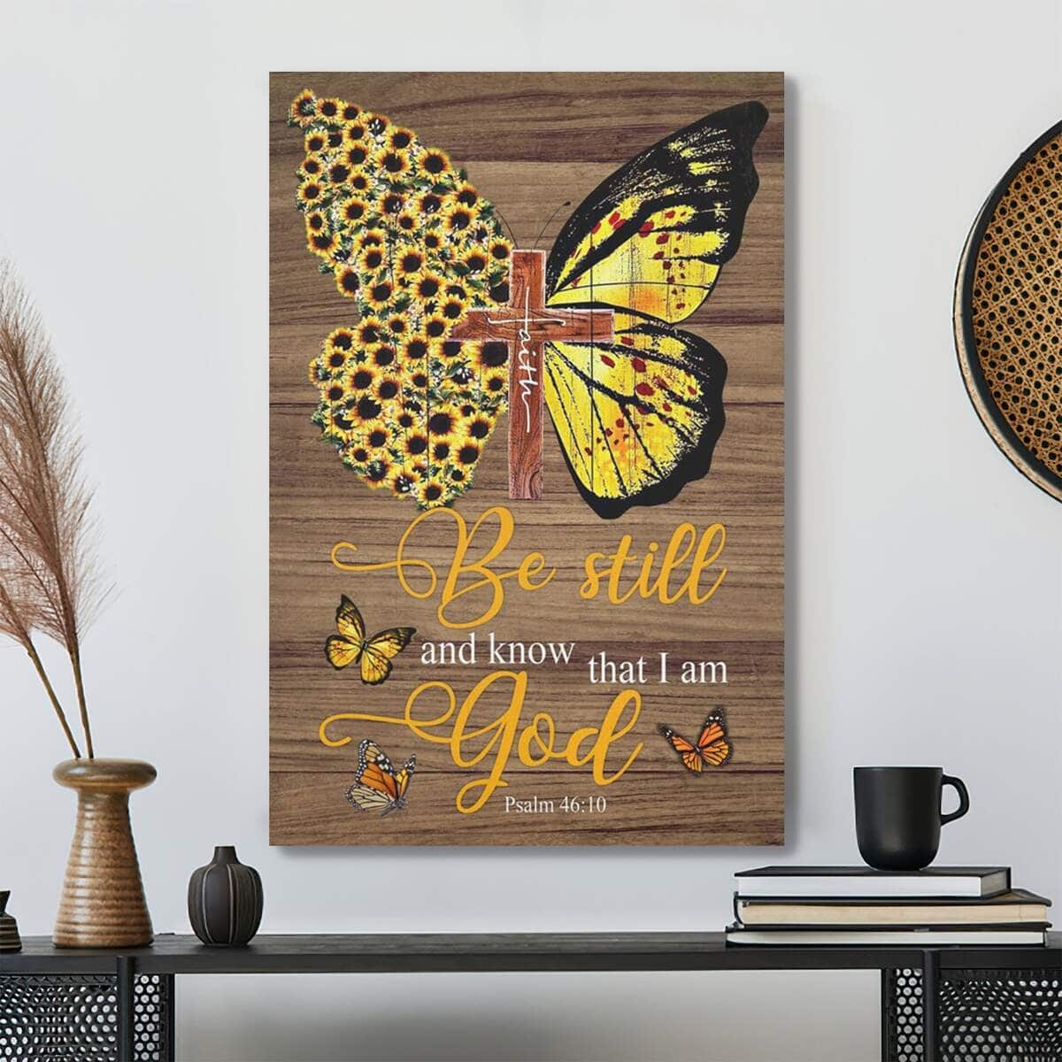 Bible Verse Faith Cross Sunflower Butterfly Be Still Psalm 4610 Scripture Canvas Print