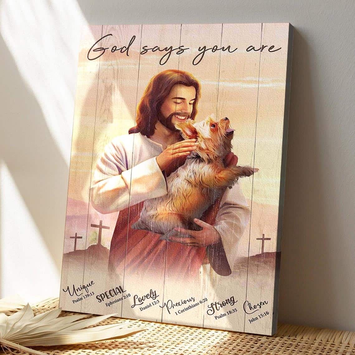Jesus Hugging Yorkshire God Says You Are Bible Verse Canvas Print