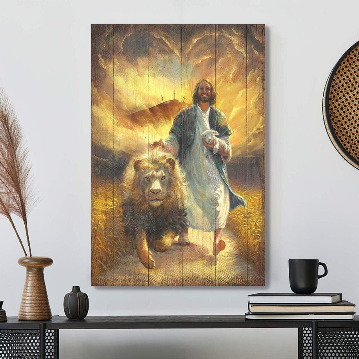 Jesus Walking With Lamb And Lion Bible Verse Scripture Canvas Print Jesus Walking With Lamb And Lion Bible Verse Scripture Canvas Print