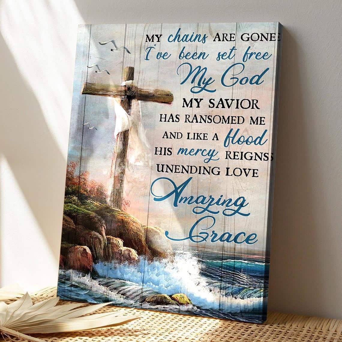 Bible Verse Cross On The Sea My Chains Are Gone Canvas Print