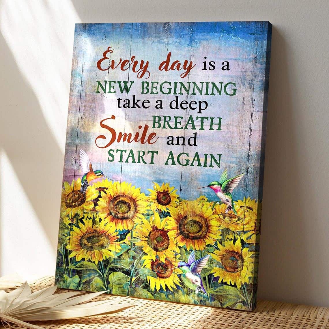 Bible Verse Sunflower Field And Hummingbird Every Day Is A New Beginning Canvas Print
