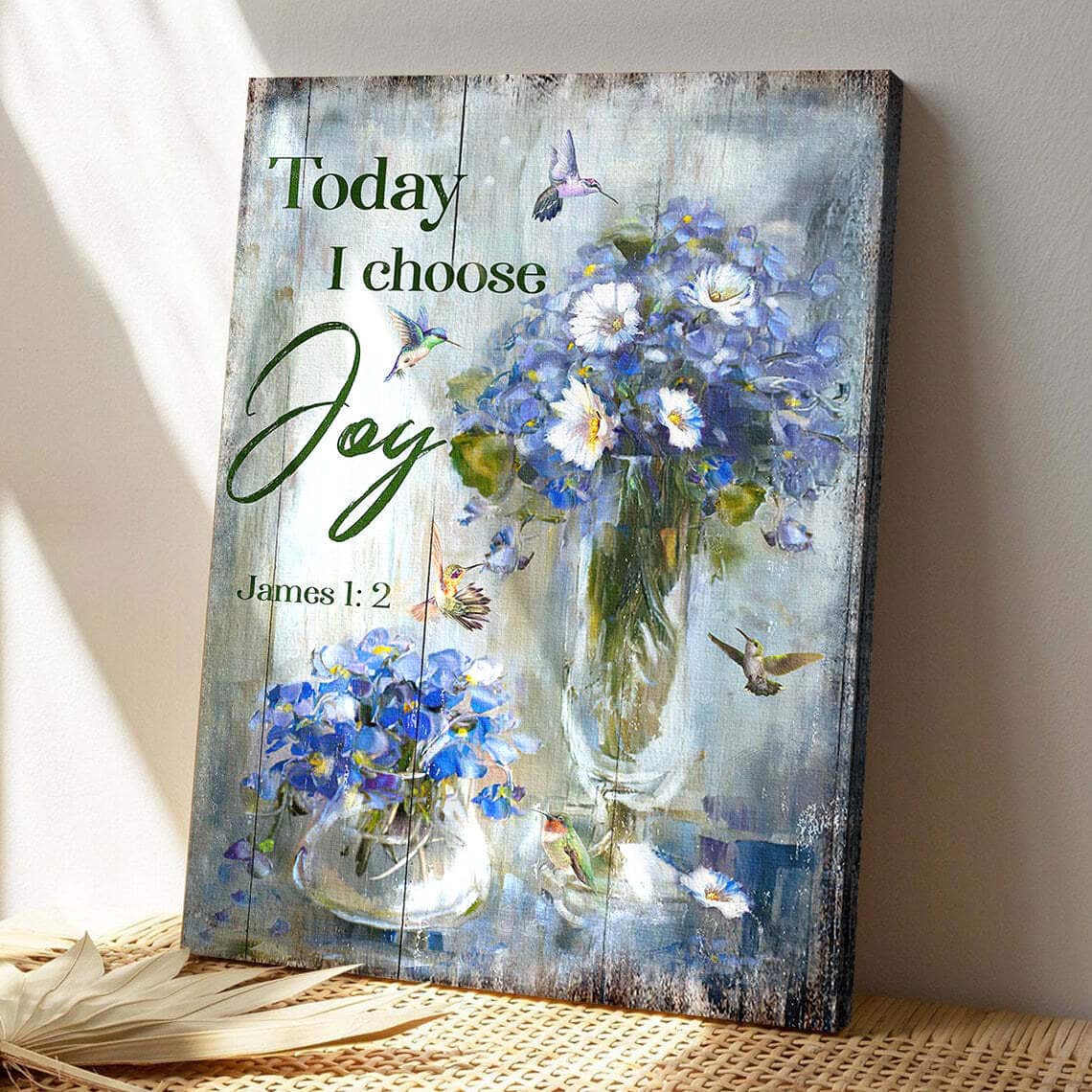 Bible Verse Hummingbird With Blue Flower Today I Choose Joy Canvas Print