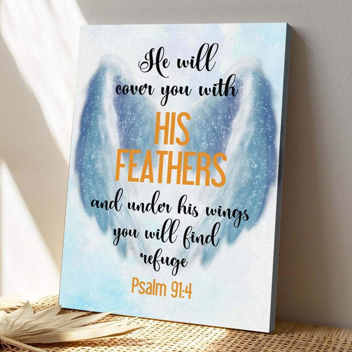 Bible Verse He Will Cover You With His Feathers Psalm 914 Scripture Christian Canvas Print