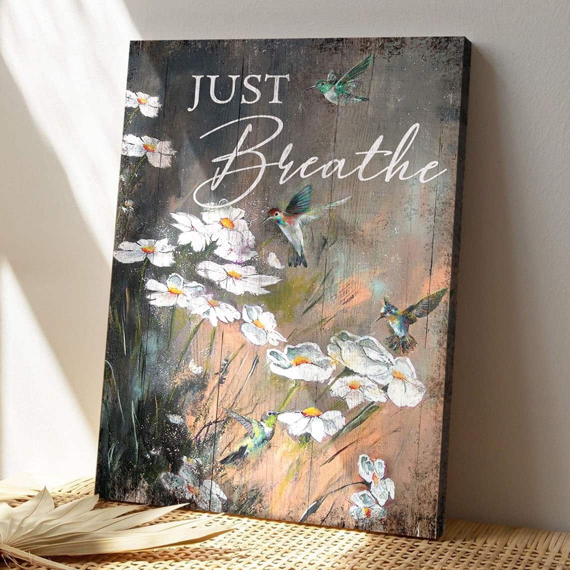 Christian Awesome Hummingbird And Daisy Just Breathe Bible Verse Canvas Print Christian Awesome Hummingbird And Daisy Just Breathe Bible Verse Canvas Print