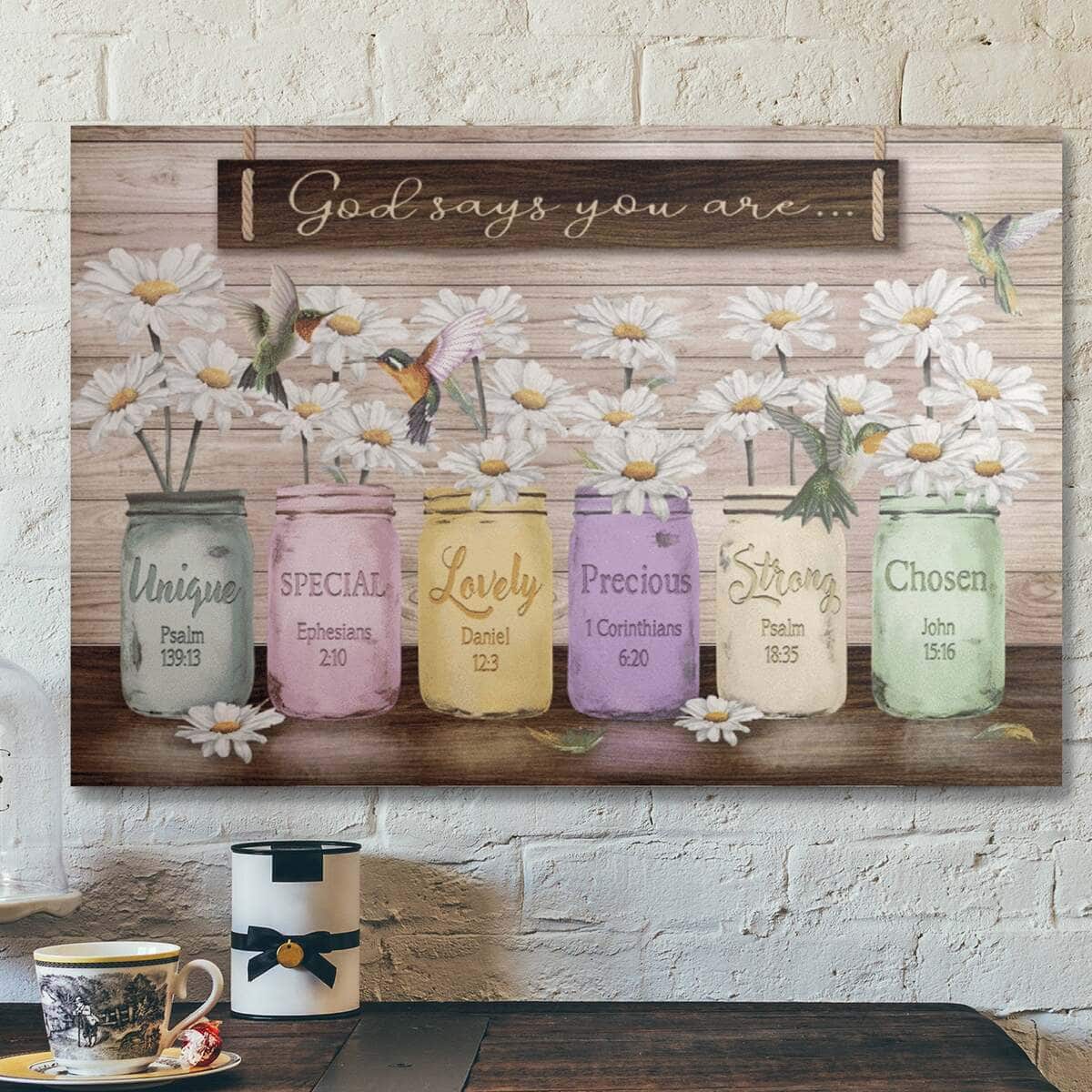 Bible Verse Daisy Jar Vase God Says You Are Canvas Wall Art Bible Verse Daisy Jar Vase God Says You Are Canvas Wall Art
