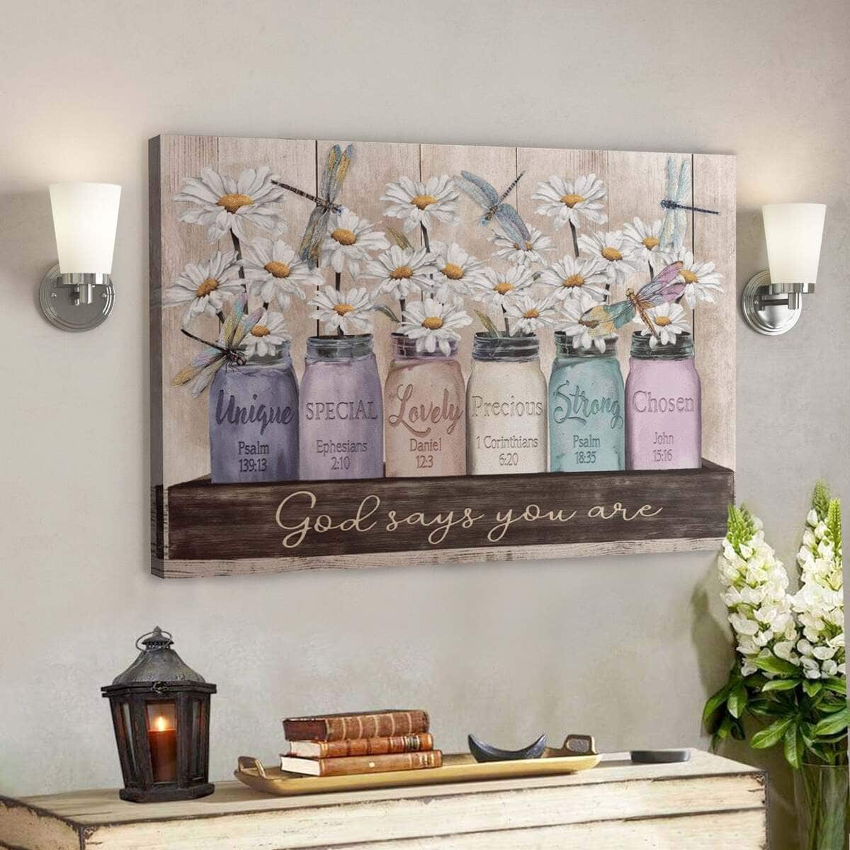 Bible Verse Daisy And Dragonfly God Says You Are Canvas Wall Art