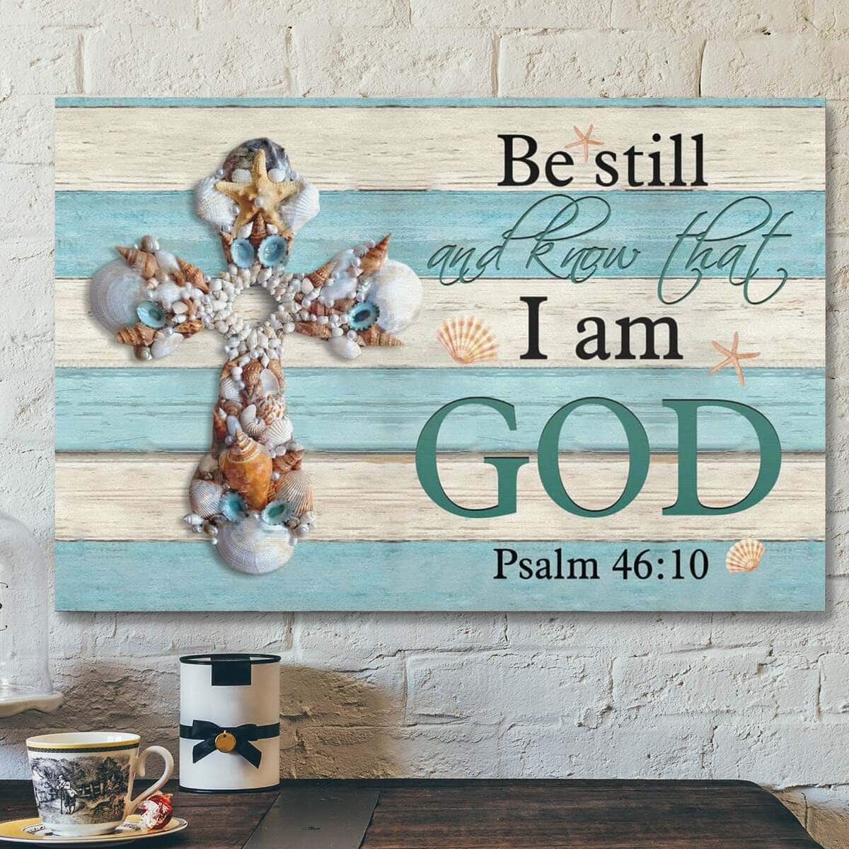 Bible Verse Seashell Cross Be Still And Know Psalm 4610 Scripture Canvas Wall Art