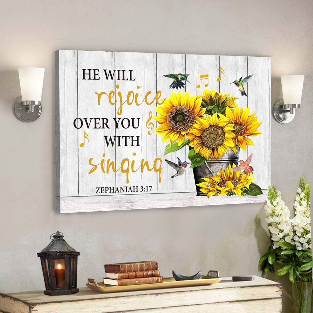 Bible Verse Zephaniah 317 He Will Rejoice Over You With Singing Scripture Canvas Wall Art