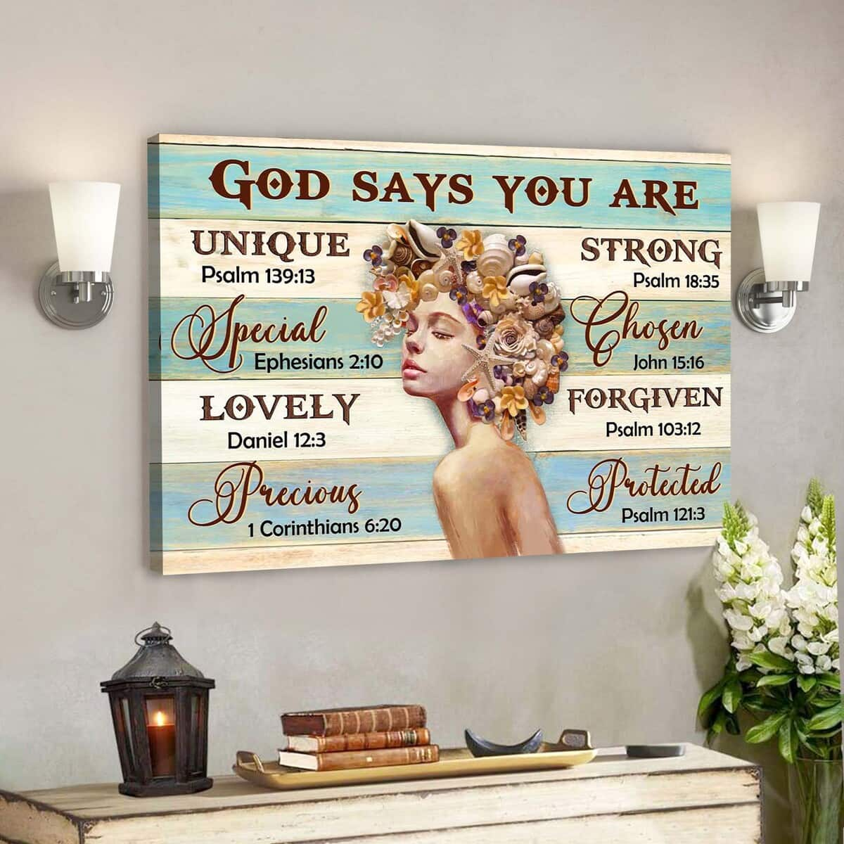 Beautiful Girl With Seashell Hair God Says You Are Bible Verse Scripture Canvas Wall Art