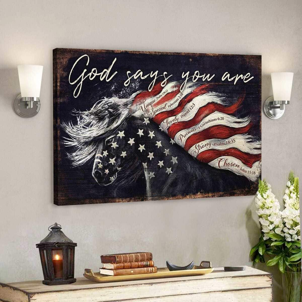 Amazing Horse And Flag God Says You Are Bible Verse Scripture Canvas Wall Art