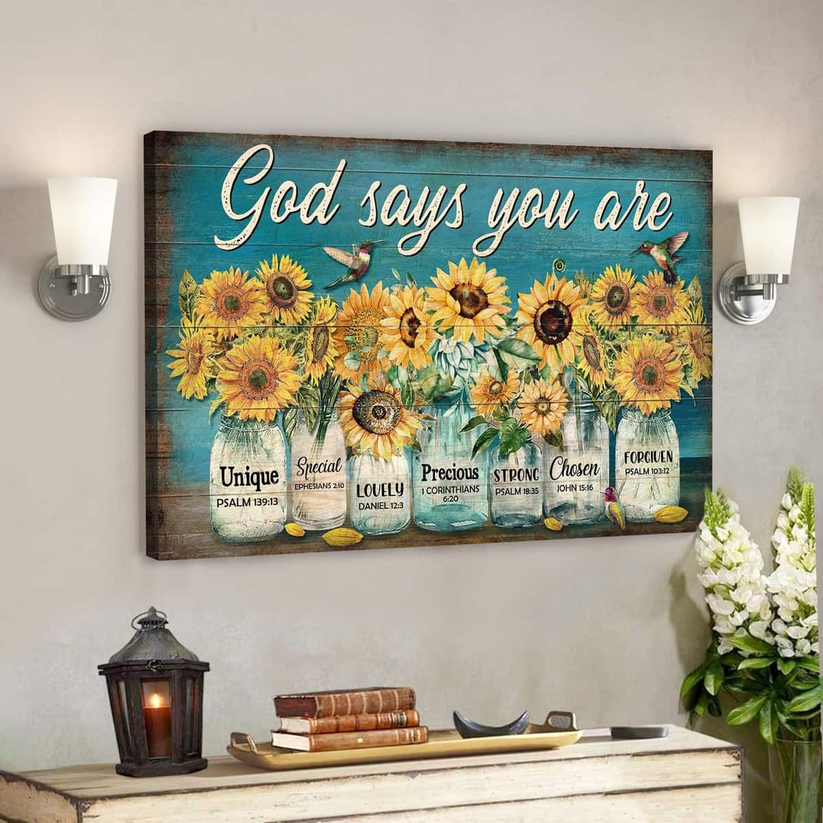 Sunflower Jar God Says You Are Bible Verse Scripture Canvas Wall Art