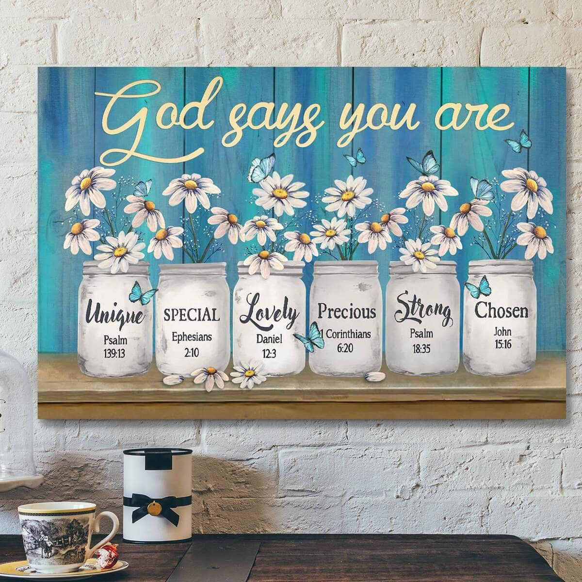 Bible Verse Daisy Jar On Blue Background God Says You Are Canvas Wall Art Bible Verse Daisy Jar On Blue Background God Says You Are Canvas Wall Art