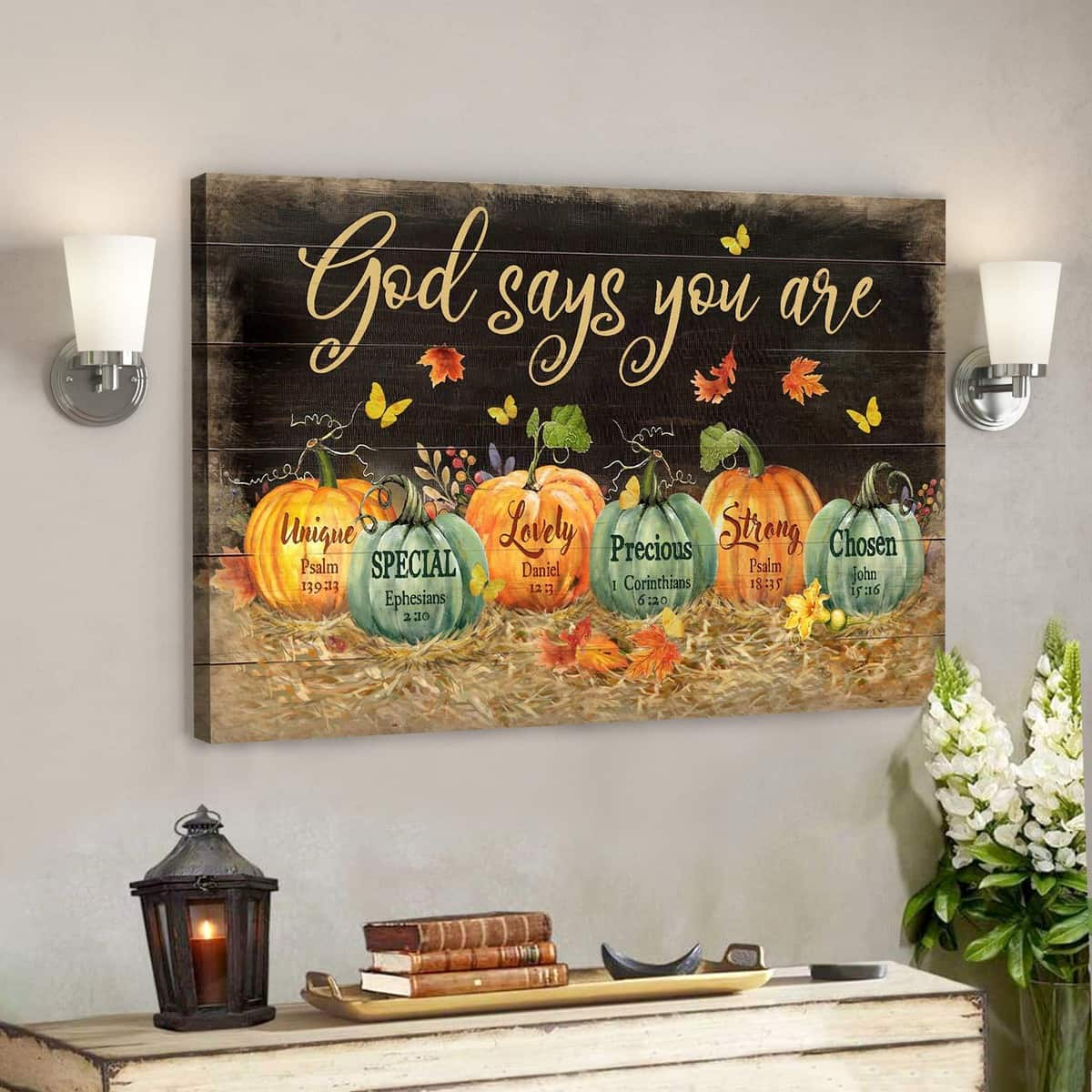 Pumpkin On Black Background God Says You Are Bible Verse Scripture Canvas Wall Art