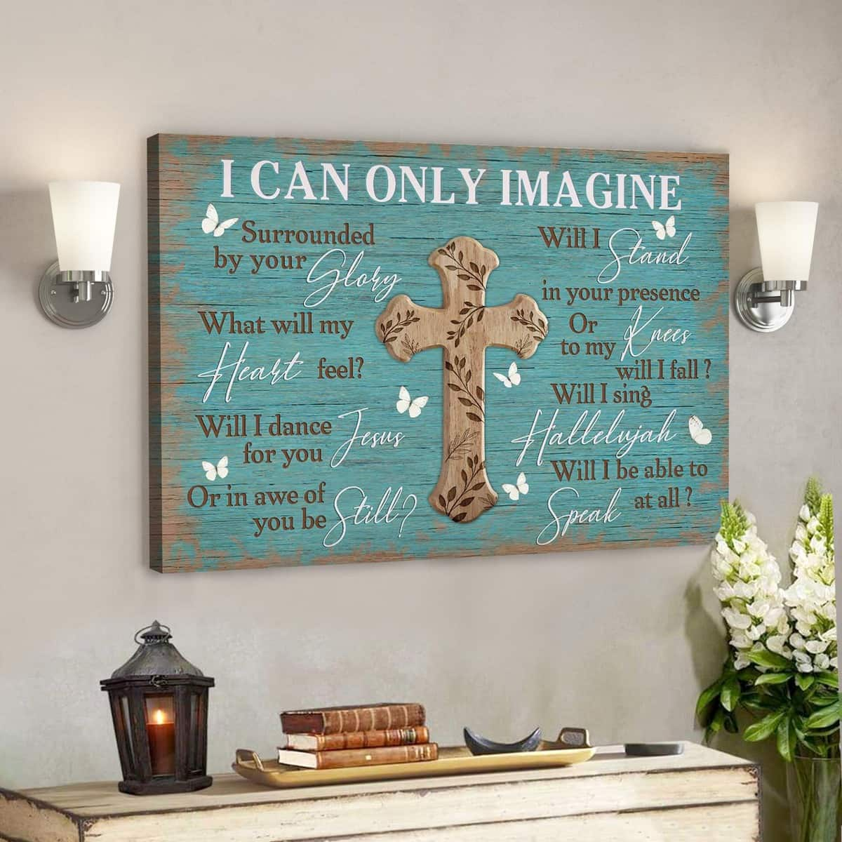 The Cross On Blue Background I Can Only Imagine Bible Verse Scripture Canvas Wall Art