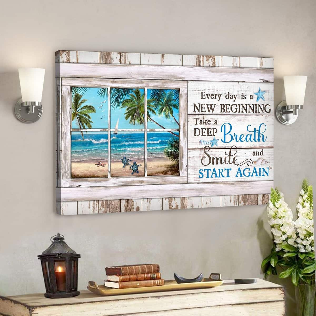 Turtle With Beach Landscape Everyday Is A New Beginning Bible Verse Scripture Canvas Wall Art