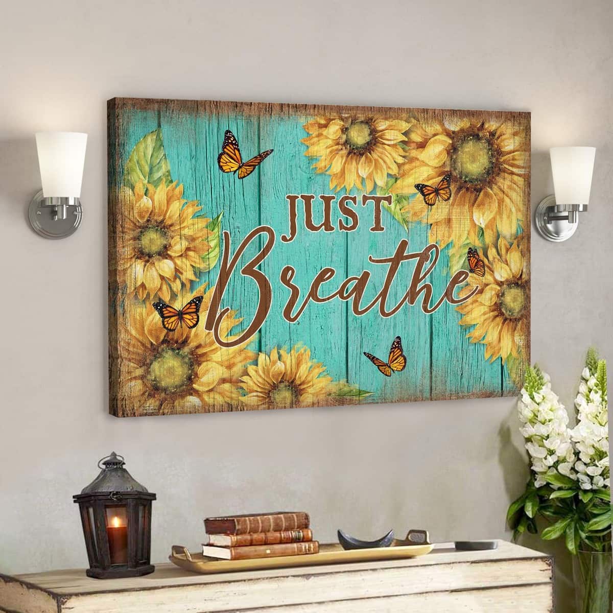 Sunflower And Butterfly Just Breath Bible Verse Scripture Canvas Wall Art