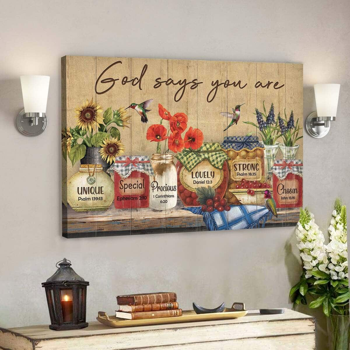 Hummingbird And Beautiful Jars God Says You Are Bible Verse Scripture Canvas Wall Art