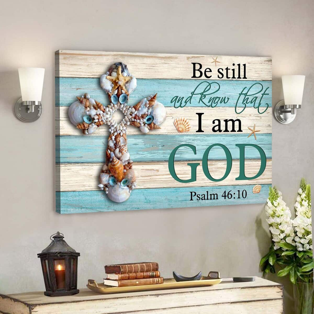 Seashell Cross Be Still And Know That I Am God Bible Verse Scripture Canvas Wall Art