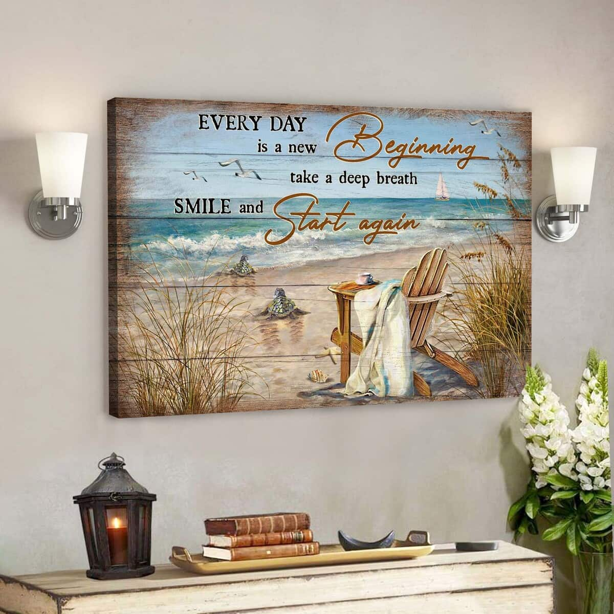 Turtle To The Beach Every Day Is A New Beginning Christian Bible Verse Scripture Canvas Wall Art