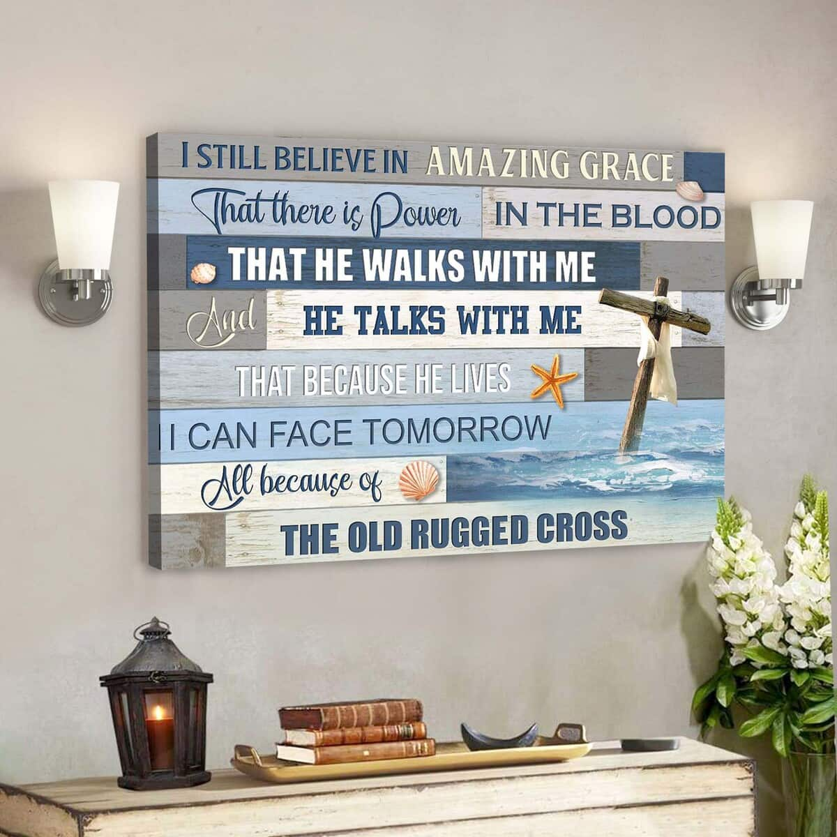 The Cross On The Ocean I Still Believe In Amazing Grace Bible Verse Scripture Canvas Wall Art