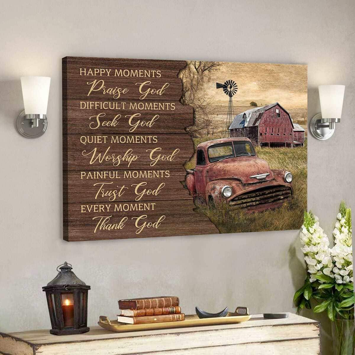 An Old Red Car Every Moment Thank God Bible Verse Scripture Canvas Wall Art