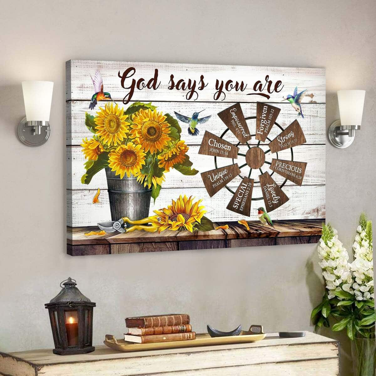 Sunflower And Windmill God Says You Are Bible Verse Scripture Canvas Wall Art