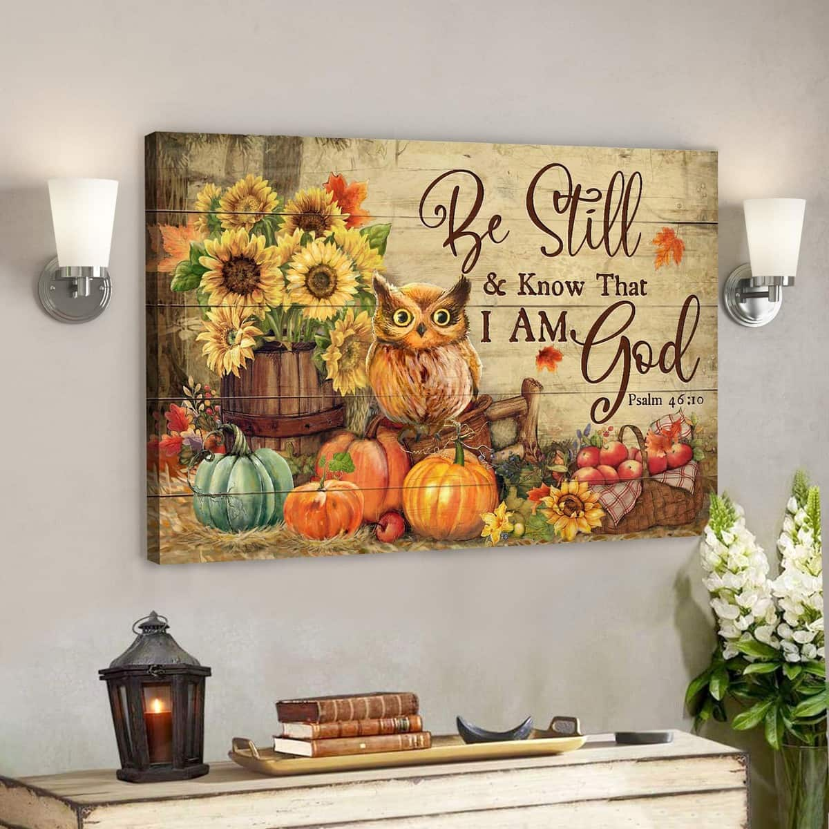 Owl With Pumpkins Be Still And Know That I Am God Bible Verse Scripture Canvas Wall Art