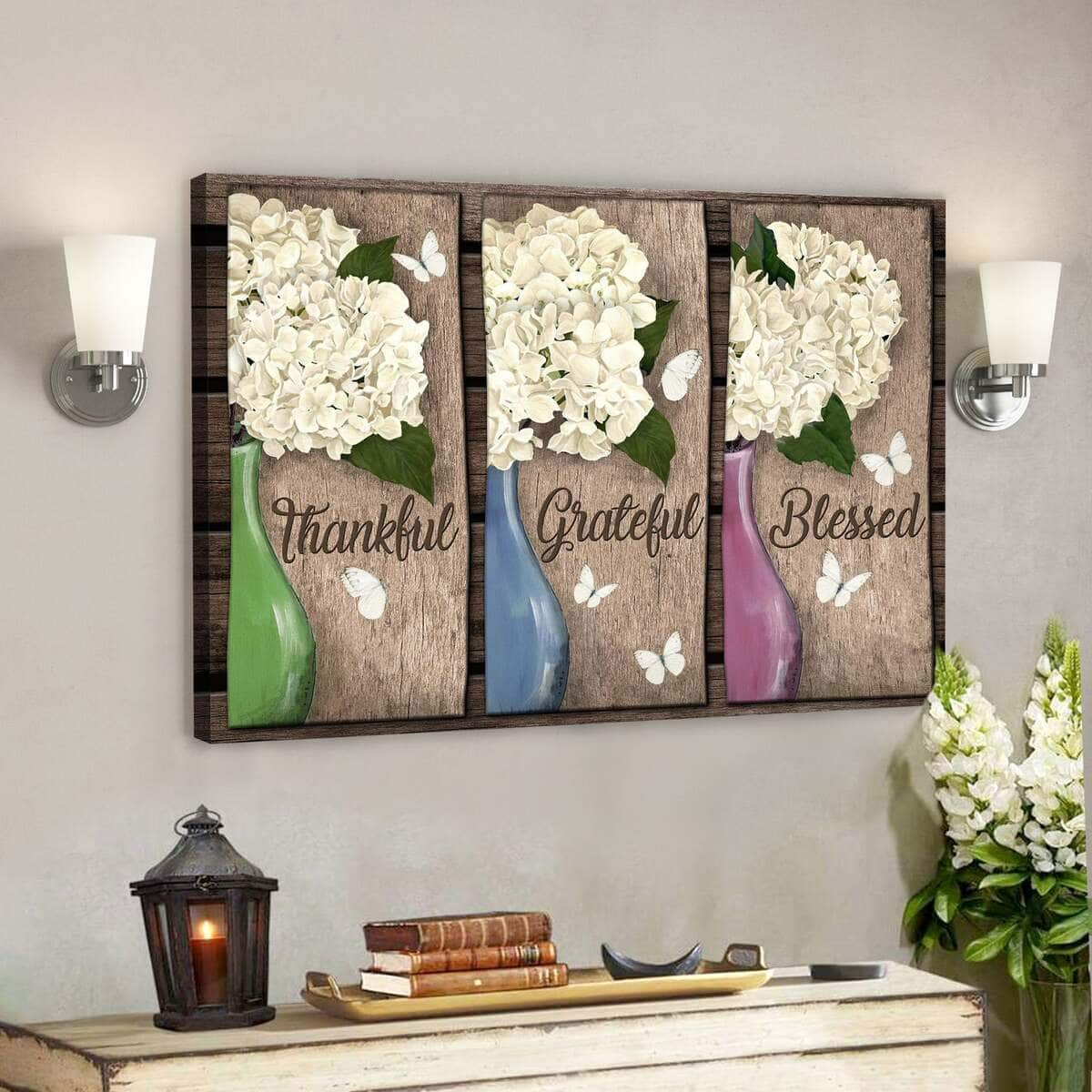 Hydrangea Thankful Grateful Blessed Bible Verse Canvas Wall Art