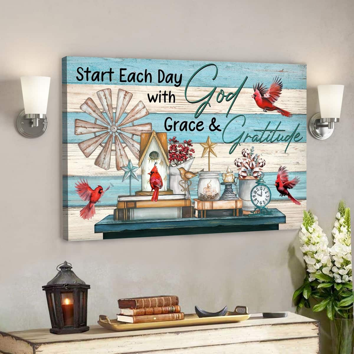 Cardinal Start Each Day With Grace And Gratitude Bible Verse Canvas Wall Art