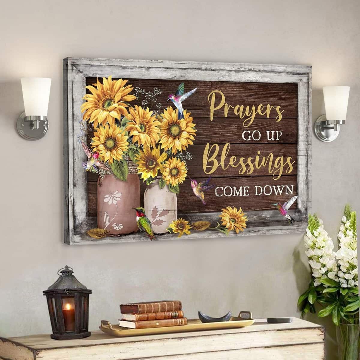 Hummingbird And Sunflower Prayers Go Up Blessings Come Down Bible Verse Canvas Wall Art