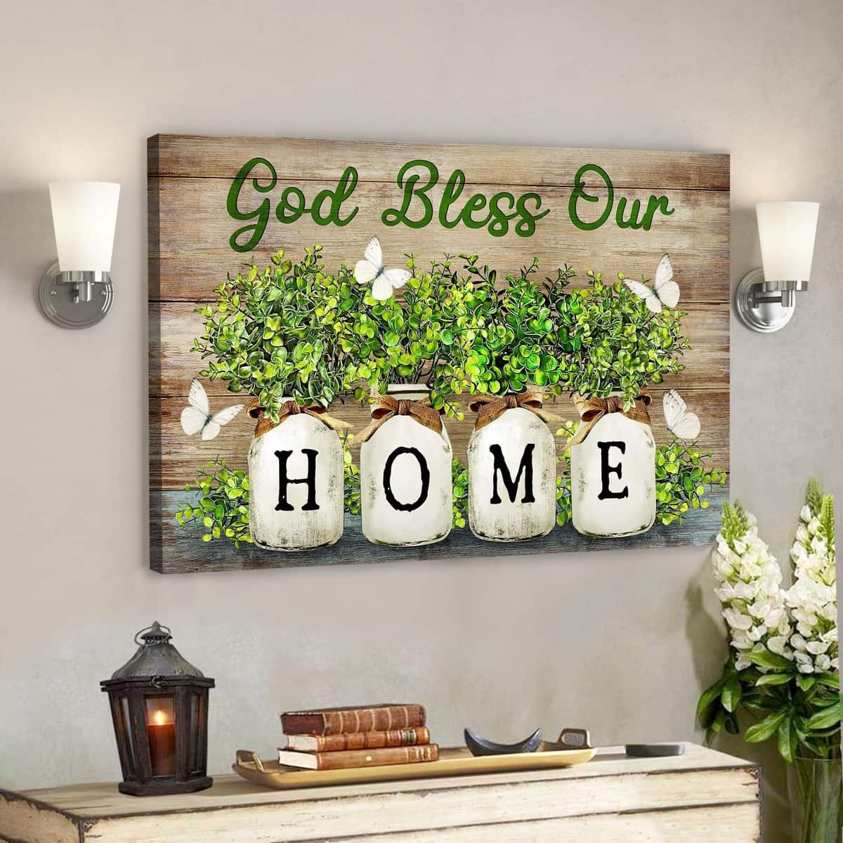 White Butterfly God Bless Our Home Bible Verse Canvas Wall Art