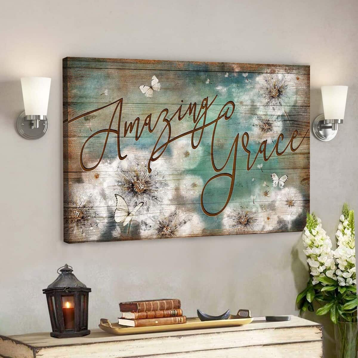 White Butterfly And Dandelion Amazing Grace Bible Verse Scripture Canvas Wall Art