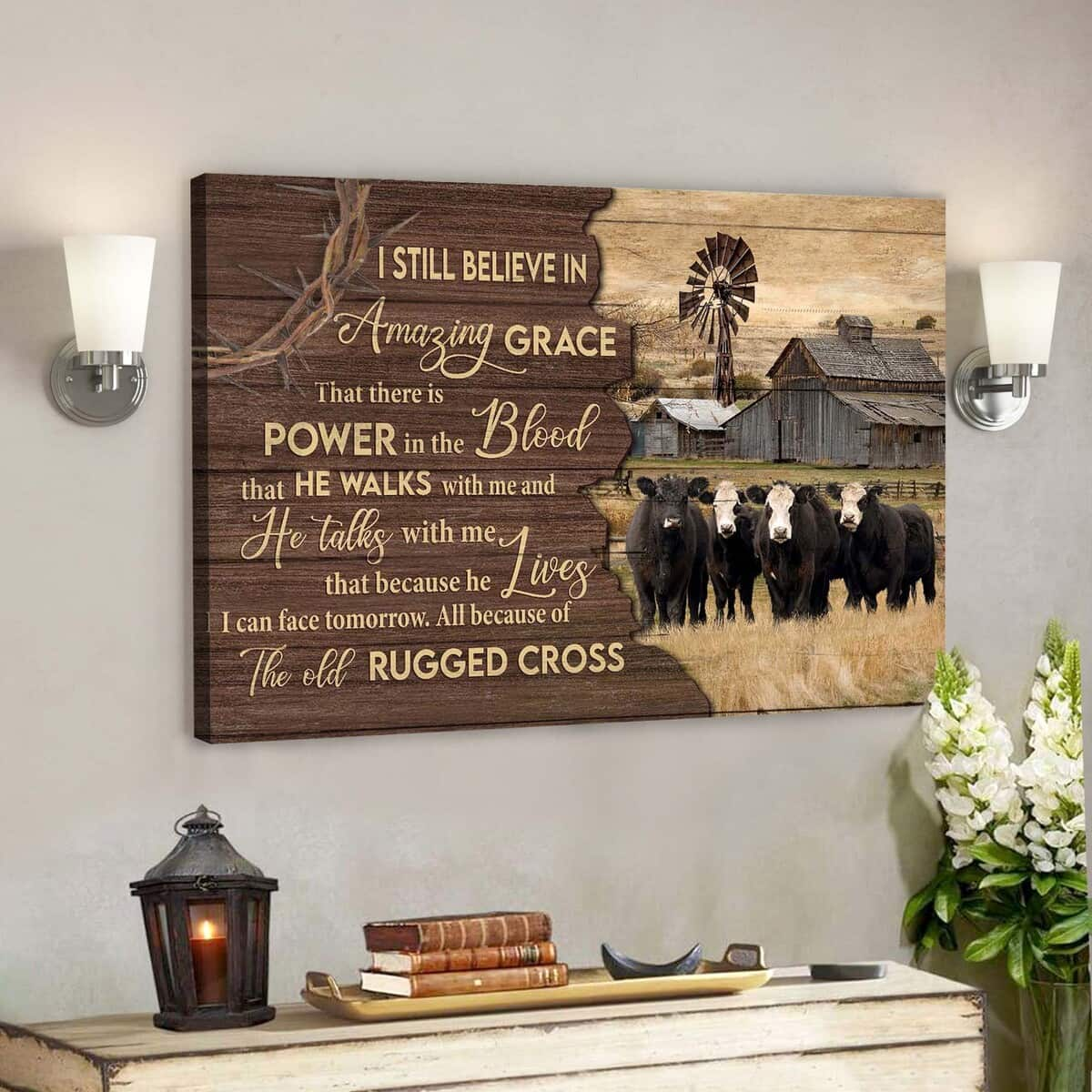 White Face Angus Cattle The Old Rugged Cross Bible Verse Scripture Canvas Wall Art