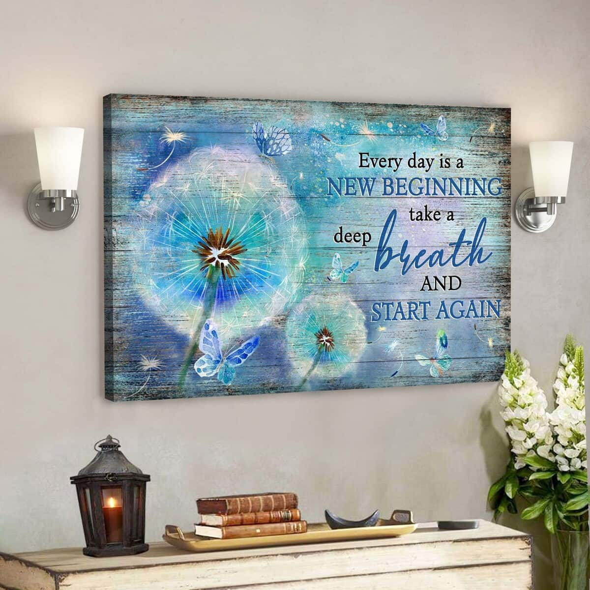 Blue Butterfly And Dandelion Every Day Is A New Beginning Bible Verse Scripture Canvas Wall Art