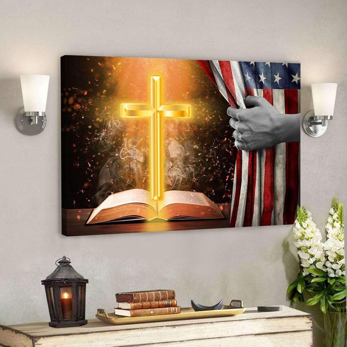 America Flag Cross Christian Bible Verse Scripture Canvas Wall Art