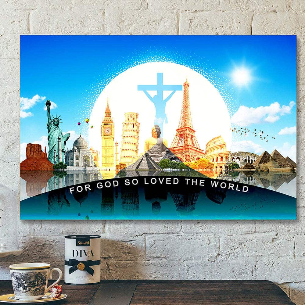 For God So Love The World Cross Jesus Christ Bible Verse Scripture Canvas Wall Art