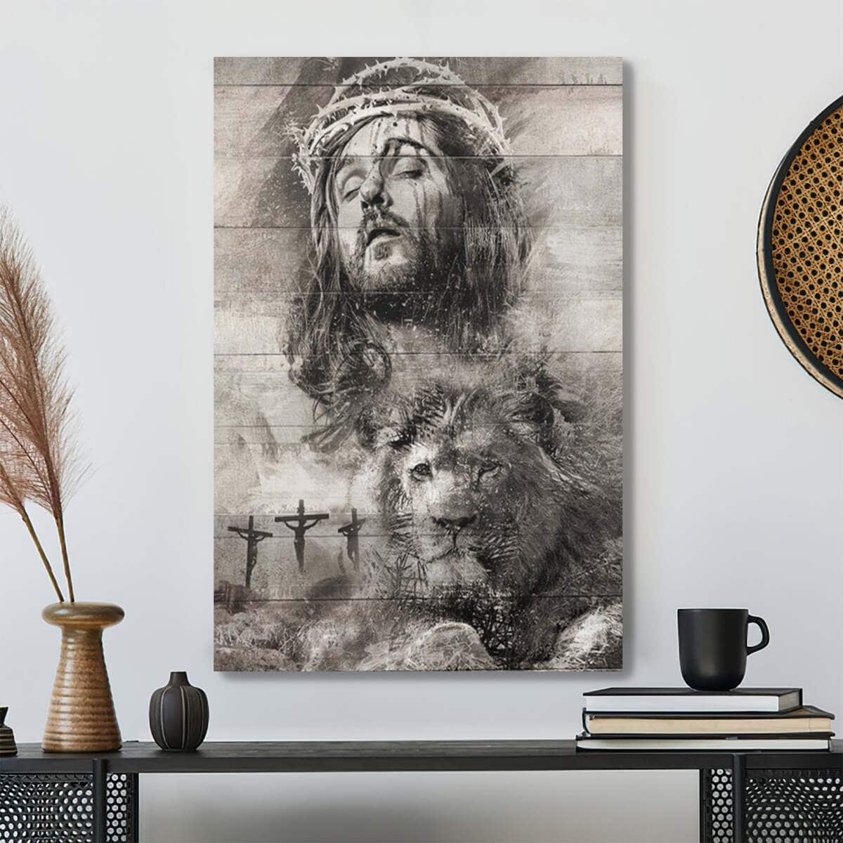 Black And White Jesus And Lion Bible Verse Scripture Canvas Print