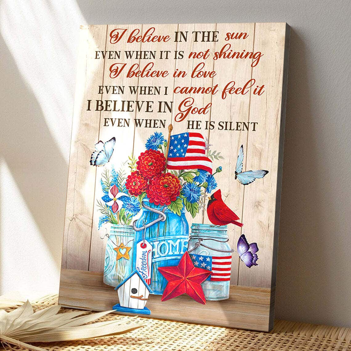 Butterflies US Flag I Believe In God Bible Verse Scripture Canvas Print